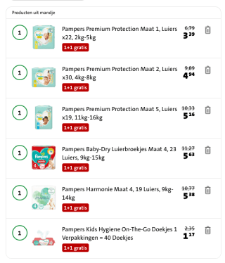 1+1 gratis op Pampers luiers, luierbroekjes of doekjes bij de Jumbo