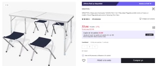 Mesa para Acampada 120x60x70cm Incluye 4 Taburetes y Plegable por 33.98€ (Cuenta Nueva 21.98€)