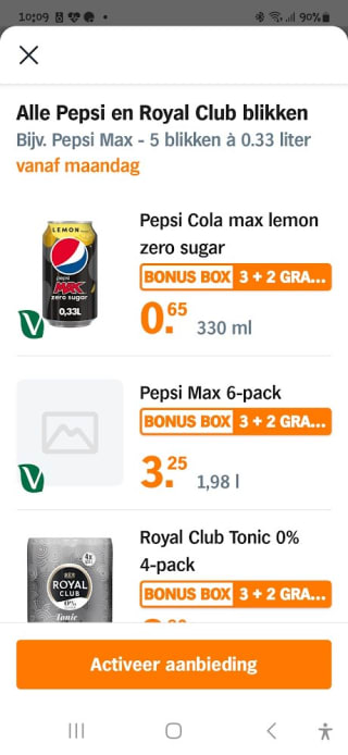 3+2 gratis op Blikjes Pepsi en Royal Club bij de AH