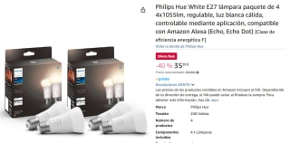 Pack 4 bombillas Philips Hue White E27 lámpara compatible con Amazon Alexa por 35,99€