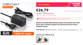 Baseus Gan3 100/ 65W Desktop Oplader voor €26,79 bij Aliexpress