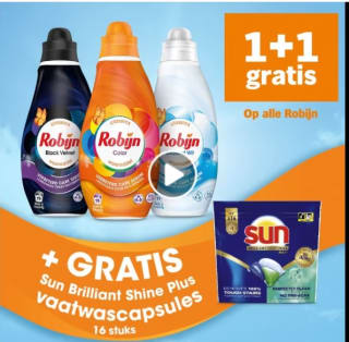 1+1 gratis op Robijn wasmiddel/wasverzachter + gratis Sun Briljant Shine + vaatwastabletten bij de AH