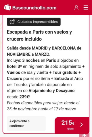 París 4 días +Vuelos+Tour+crucero pir el Sena + Entrada arco del Triunfo por 215€ por persona.