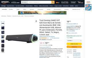 Trust Gaming GXT 620 Axon barra de sonido con iluminación RGB 12W por 18,99€