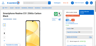 Smartphone 6.7" Realme C51 - 6 / 256 Go à 85,14€