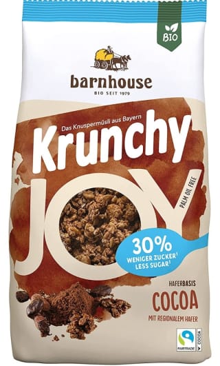 Pack de 3×375g Barnhouse Krunchy Joy Muesli Cereales De Cacao por 3,49€.
