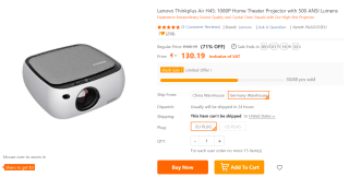 Lenovo Thinkplu Air H 4S Projector 1080P Home Theater 500 Ansi Lumen voor €130,19 bij Tomtop
