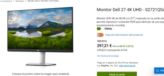 Monitor Dell 27 4K UHD - S2721QSA por 297.21€