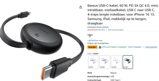 Baseus intrekbare USB-C Kabel 60W 1M USB C naar USB C voor €7,99 bj Amazon