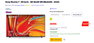 Sony 85'' Bravia 7 4K QLED XR Mini-LED (2024) voor €2.699 bij Bol
