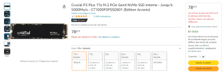 SSD interne Crucial P3 Plus - 1To, M.2 PCIe Gen4 NVMe à 78,62€