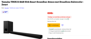 Yamaha TRUE X-BAR 50A Smart Soundbar Atmos met Draadloze Subwoofer voor €699 bij Bol