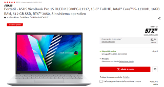 Portátil ASUS VivoBook Pro 15 OLED K3500PC-L1317 con Intel Core i5-11300H de 16GB/512 GB SSD por 567,99€