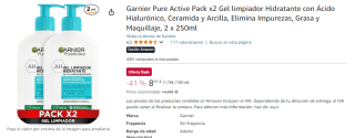 Garnier Pure Active Pack x2 Gel limpiador Hidratante por 8,91€