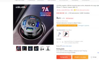 Cargador USB de 4 puertos para coche, por 3,22€