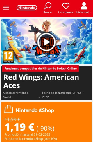 Red Wings: American Aces Nintendo Switch por 1,19€.
