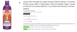 3 Botes de Aussie SOS Strength & Length Champú 300ml Hidrata Y Fortalece El Pelo Largo, Débil Y Quebradizo. Nutre El Cabello Frágil Y Ayuda A Prevenir Las Puntas Abiertas Y Los Daños Del Peinado. Fórmula Vegana por 14.26€