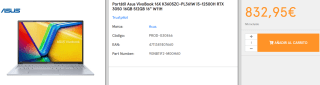 Portátil Asus VivoBook 16X K3605ZC-PL361W i5-12500H RTX 3050 16GB 512GB 16" W11H por 832.95€