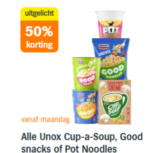 50% korting op alle Unox Cup-a-Soup, Good snacks of Pot Noodles bij de AH