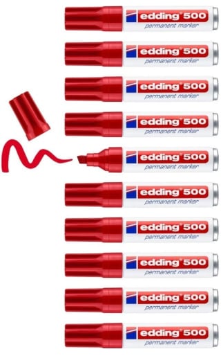 Pack de 10 Rotulador edding marcador permanente 500 rojo punta biselada 7 mm por 6,75€.