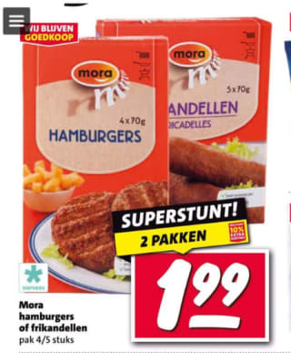 2 Pakken Mora Hamburgers of Frikandellen voor €2 bij de Nettorama .