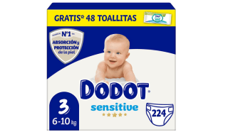 Dodot Pañales Bebé Sensitive Talla 3 6-10kg 224 Pañales + 1 Pack de 40 Toallitas Gratis por 51,31€