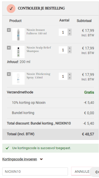 25% + 10% extra korting op Nioxin + gratis borstel bij aankoop van 3 stuks bij John Beerens