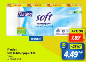 Frolarys 20 rollen XXL Toiletpapier 3-laags 220 vellen voor €4,49 bij de Lidl in Duitsland