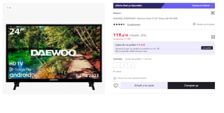 Televisor Daewoo 24DM54HA1 24" LED HD HDR Android TV por 119.61€ (Cuenta Nueva 107.61€)