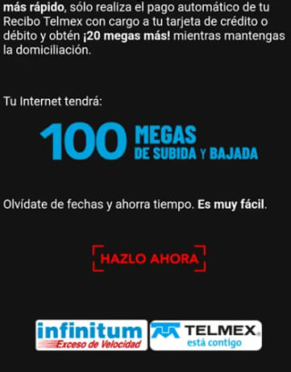 20 Megas Más al domiciliar el pago en Infinitum Telmex