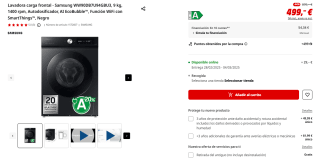 Lavadora carga frontal Samsung WW90DB7U94GBU3, 9 kg, 1400 rpm, Autodosificador, AI EcoBubble, Función WiFi con SmartThings por 499€