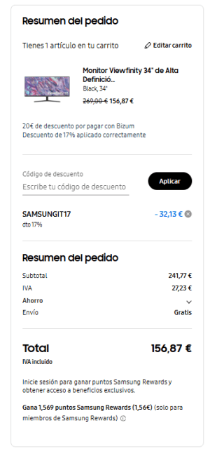 Samsung Monitor Ultrawide 34" UWQHD ViewFinity S5 por 156,87€