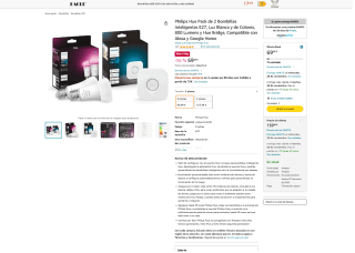 BLACK FRIDAY Philips Hue Bridge + 2 Bombillas Colores 800 lumen por 69,99€