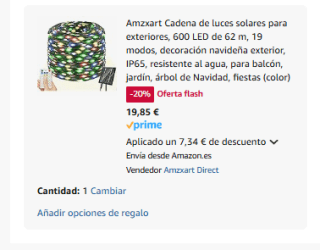 Cadena de luces solares para exteriores, 600 LED de 62 m por solo 19,85€