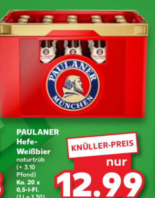Krat Paulaner hefe weissbier.voor €12,99 bij Kaufland in Duitsland