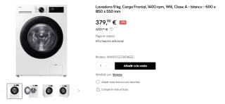 Samsung Lavadora 9 kg, Carga Frontal, 1400 rpm, Wifi, Clase A por 379,99€