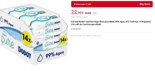 Pack 14 paquetes Dodot Toallitas Aqua Pure para Bebé, 99% Agua, 672 Toallitas por 22,99€