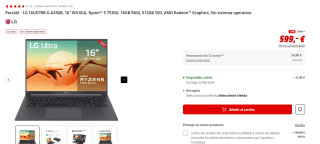Portátil LG 16UD70R-G.AX56B, 16" WUXGA por 599€