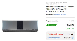 Minisplit Inverter AUX 1 Tonelada 12000BTU por $6,529 en Elektra