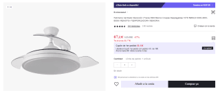 Ventilador de techo con luz led, motor DC, color blanco, aspas retráctiles, mando a distancia, temporizador, memoria de luz, 3 tonalidades y 6 velocidades por 67.13€ (Cuenta Nueva 55.13€)