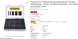 Eventronic 4:1 krimpverhouding krimpkousenset, 196 stuks dubbelwandig voor €8,79 bij Amazon