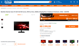 Monitor Gamer da Acer de 27 polegadas LED Full - R$ 1.199,99