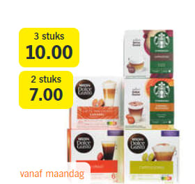 Alle Nescafé en Starbucks Dolce Gusto 12-16 capsules 3 voor €10 bij de AH