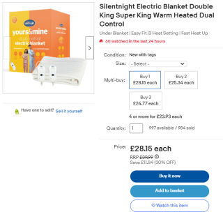 Shop Silentnight electric blanket available from eBay as low as £33.27