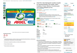 Ariel All-in-One Detergente Lavadora Liquido en Capsulas/Pastillas 40 Lavados Jabon Limpieza y Frescor Alpinos por 18,86€
