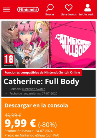 Catherine: Full Body Nintendo Switch por 9,99€.