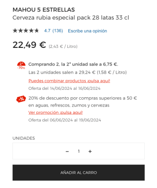 112 Latas Cerveza Mahou 5 Estrellas por solo 46,78€