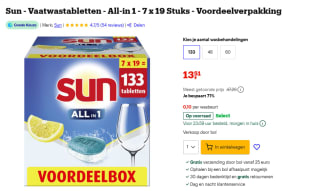 Sun All-in 1 Vaatwastabletten 7 x 19 tabletten voor €13,51 bij Bol