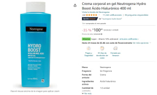 Neutrogena Hydro Boost Ácido Hialurónico 400ml por $100 en Amazon