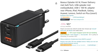 Baseus Oplader 65 W, GaN Tech, USB-oplader met snellaadkabel, USB C 100 W (zwart) voor €23 bij Amazon.de